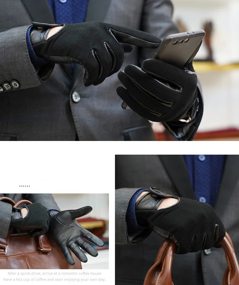 Genuine Leather Gloves Men Winter Thermal Leather Gloves Cycling Motorcycle Driving Thin Touch Screen Sheepskin Gloves M-106