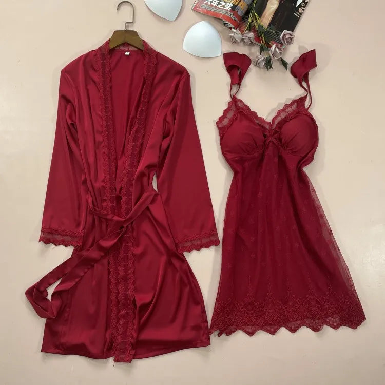 2PCS Nighty&Robe Suit Satin Women Robe Set Kimono Gown Casual Intimate Lingerie Print Home Clothes Sexy Nightdress Sleepwear