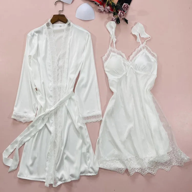 2PCS Nighty&Robe Suit Satin Women Robe Set Kimono Gown Casual Intimate Lingerie Print Home Clothes Sexy Nightdress Sleepwear