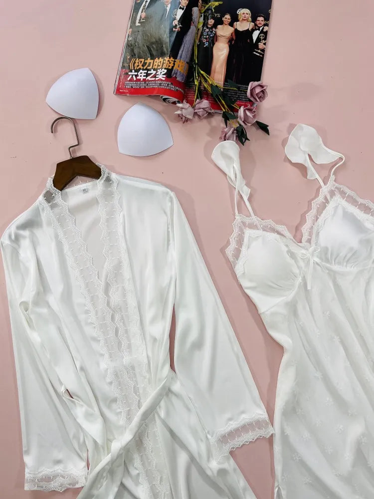 2PCS Nighty&Robe Suit Satin Women Robe Set Kimono Gown Casual Intimate Lingerie Print Home Clothes Sexy Nightdress Sleepwear