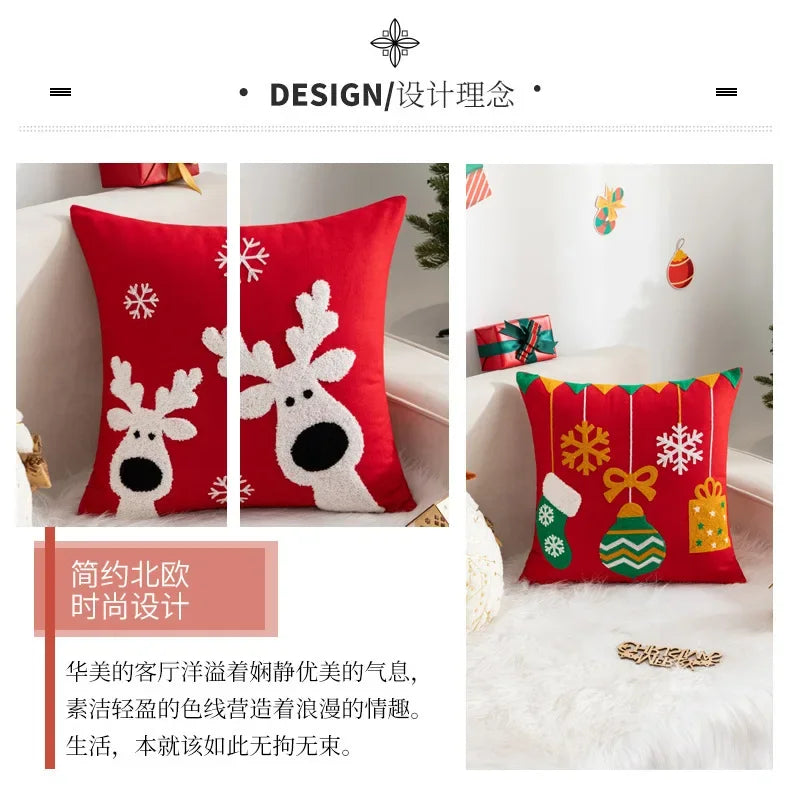 Christmas Pillow Cover Decorative Santa Claus Cartoon Printed Embroidered Pillow Cushion Cover Home Sofa Xmas Cushion Cover