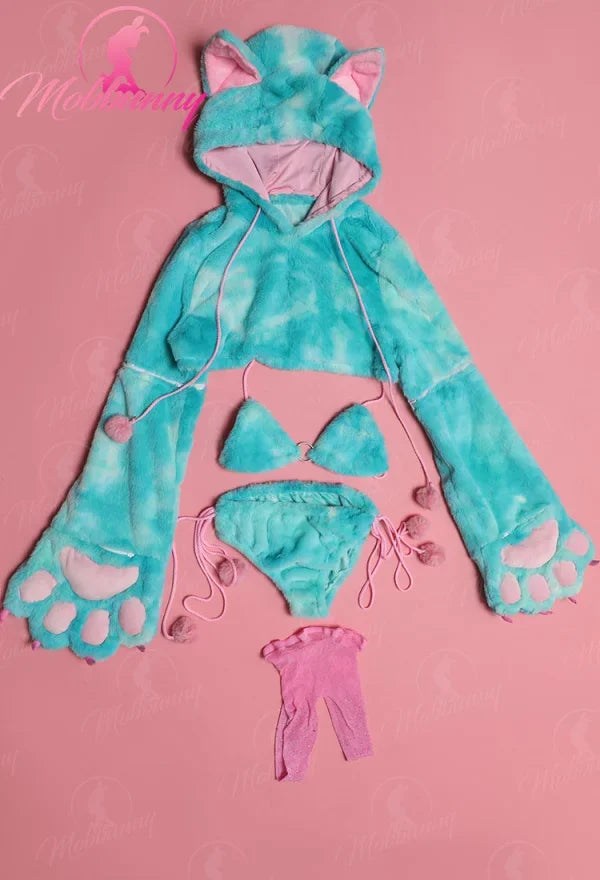 Mobbunny Women Furry Paws Sexy Lingerie Set Cat Style Cosplay Costume Plush Bra and Panty with Short Hoodie and Stockings