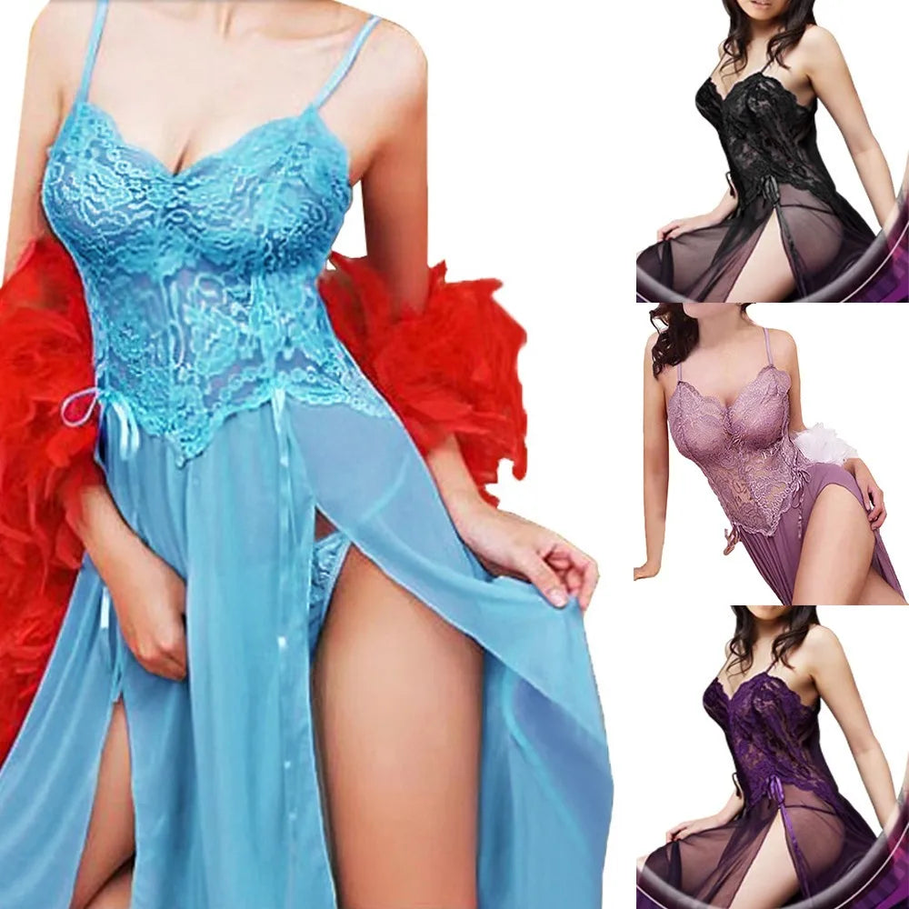 Women Nightrobe Sexy Transparent Lingerie Long Lace Dress Sheer See Through Kimono Robe Dress Nightgown Exotic Costumes ﻿ New