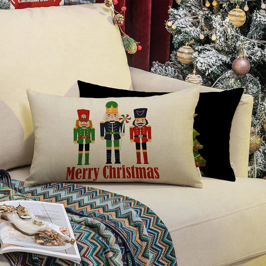 Merry Christmas Nutcracker Lumbar Decoration Pillow Cover Cartoon Home Decoration, Winter Holiday Sofa Cushion Cover