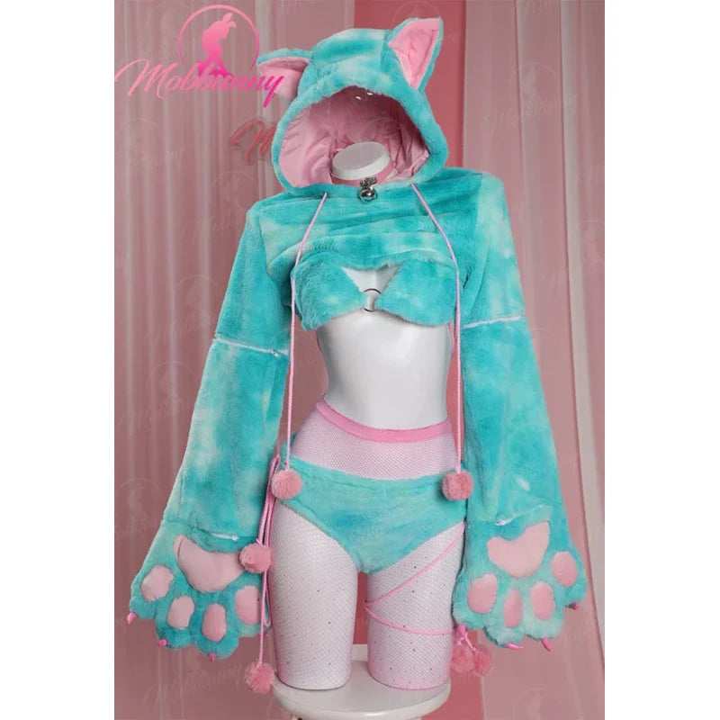 Mobbunny Women Furry Paws Sexy Lingerie Set Cat Style Cosplay Costume Plush Bra and Panty with Short Hoodie and Stockings