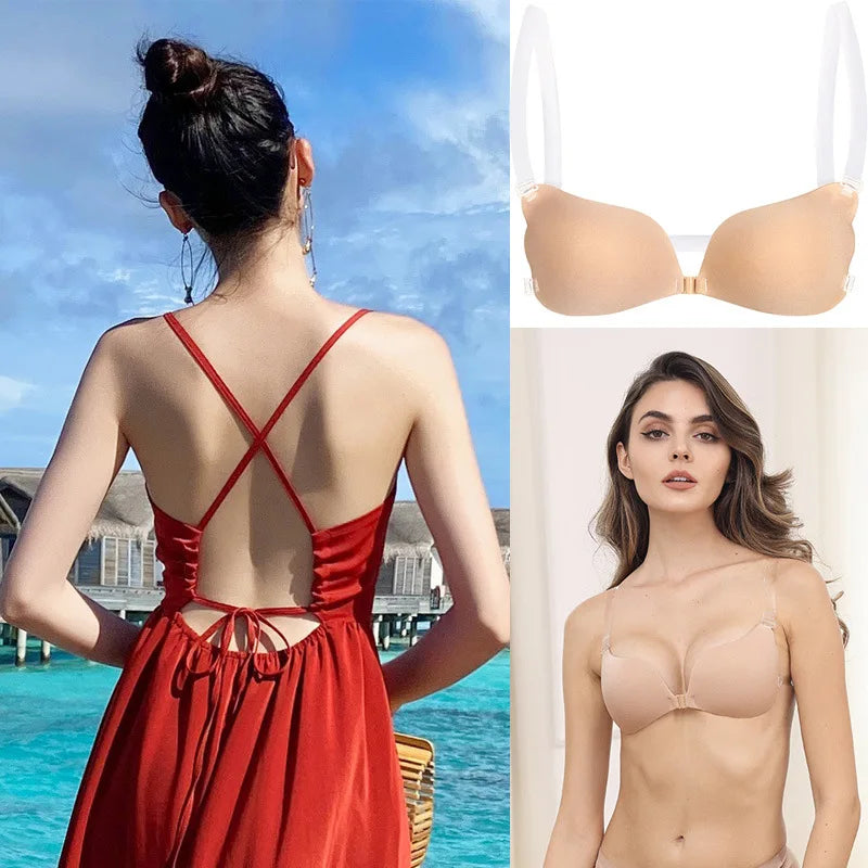 Nipple Cover Invisible Bra Push Up Silicone Bra for Wedding Sticky Reusable with Transparent Straps Backless Bikini Lingerie