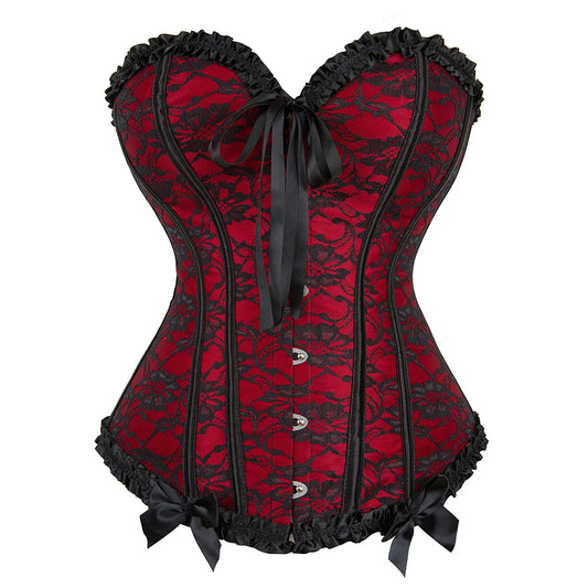 Women Lingerie Basques Corselet Bustier Floral Lace Overlay Overbust Corset