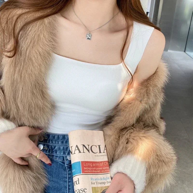 New Wide Shoulder Camisole Square Neck Beautiful Back Threaded Vest Women's Seamless One-piece Fixed Cup Casual Solid Tops