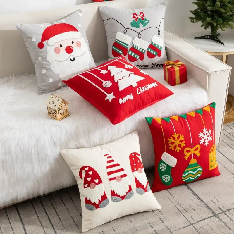 Christmas Pillow Cover Decorative Santa Claus Cartoon Printed Embroidered Pillow Cushion Cover Home Sofa Xmas Cushion Cover