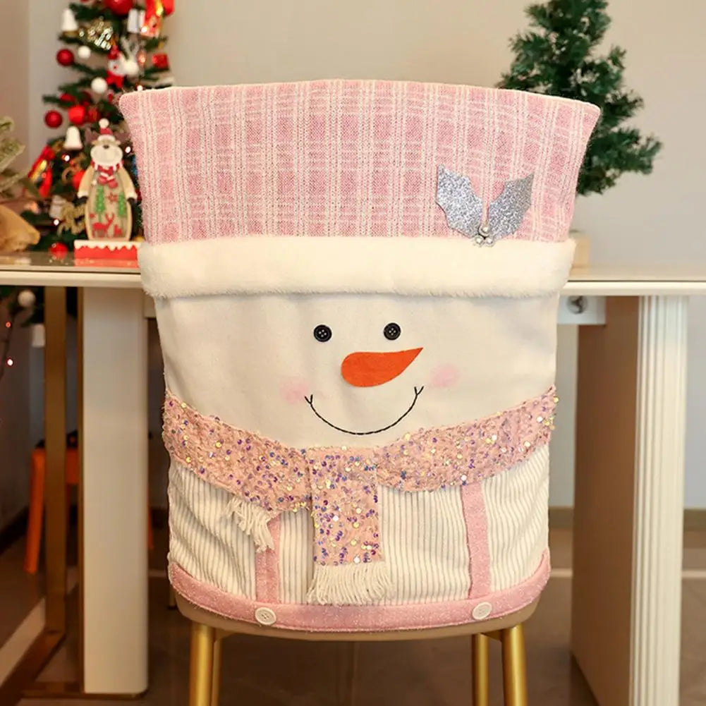 Christmas Chair Cover Santa Snowman Reindeer Chair Back Cover Pink Sequined Chair Slipcover Kitchen Hotel Party Home Decor