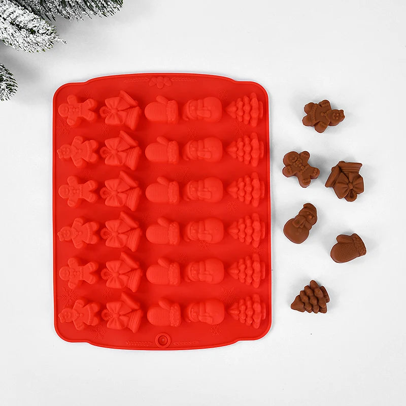 Christmas Chocolate Molds Silicone Red Green Brown Christmas Mold Gingerbread Man Xmas Tree Bell Snowman Gloves Kitchen Supplies