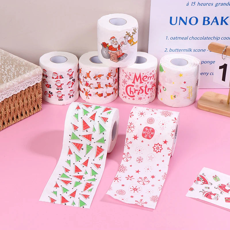 1 Roll Creative Cartoon Toilet Paper Funny Christmas Pattern Series Roll Paper Santa Claus Reindeer Hygienic Paper Rolls Napkins