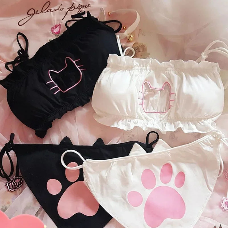 Japanese Anime Cat Girl Cosplay Bra Panties Set Women Sexy Lingerie Underwear Intimates Kawaii Lolita Hollow Out cat Nightwear