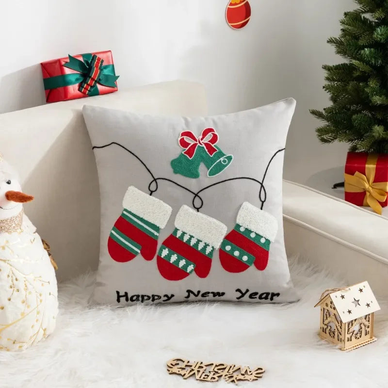 Christmas Pillow Cover Decorative Santa Claus Cartoon Printed Embroidered Pillow Cushion Cover Home Sofa Xmas Cushion Cover