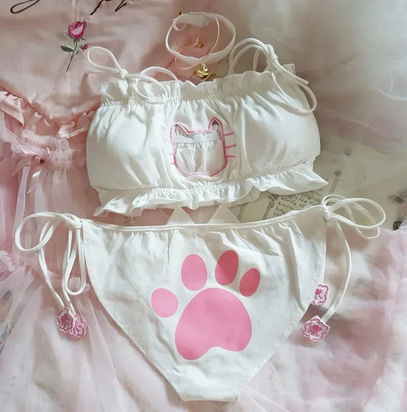 Japanese Anime Cat Girl Cosplay Bra Panties Set Women Sexy Lingerie Underwear Intimates Kawaii Lolita Hollow Out cat Nightwear