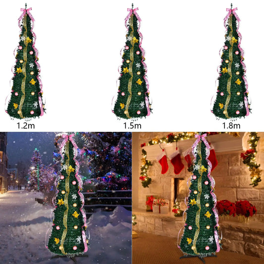 Christmas Pull up Trees Collapsible Xmas Tree Artificial Pop Pencil Ornament Glitter Ribbon for Decorating Winter Apartment