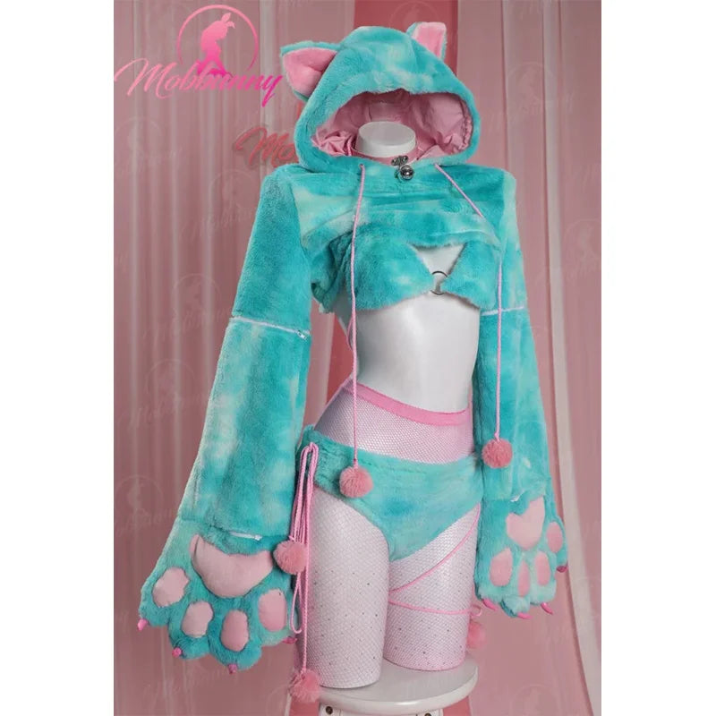 Mobbunny Women Furry Paws Sexy Lingerie Set Cat Style Cosplay Costume Plush Bra and Panty with Short Hoodie and Stockings