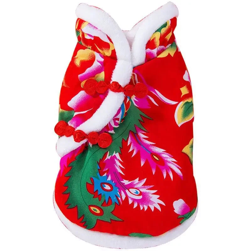 National Style Big Flower Padded Jacket Puppy Dog Clothes Autumn and Winter Velvet Warm Two Feet Teddy Pet Clothing