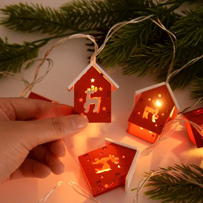 Christmas Wooden House LED String Light Xmas Tree Hanging Ornament 2024 Christmas Decoration For Home Kids New Year Gift Navidad