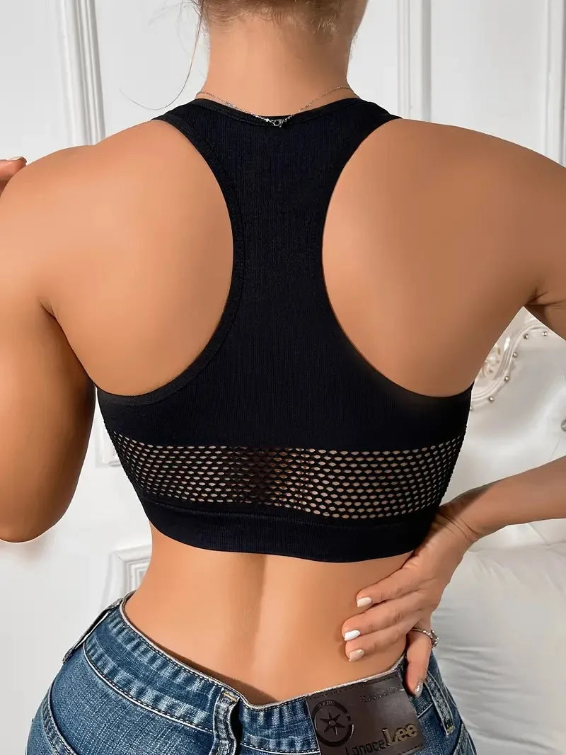 1 Piece Simple Solid Contrast Mesh Crop Tank Top, All-match Breathable Vest Top, Women's Lingerie & Underwear