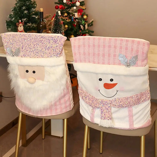 Christmas Chair Cover Santa Snowman Reindeer Chair Back Cover Pink Sequined Chair Slipcover Kitchen Hotel Party Home Decor