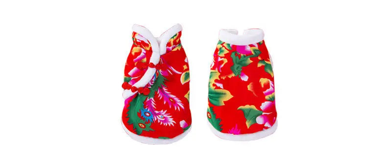 National Style Big Flower Padded Jacket Puppy Dog Clothes Autumn and Winter Velvet Warm Two Feet Teddy Pet Clothing