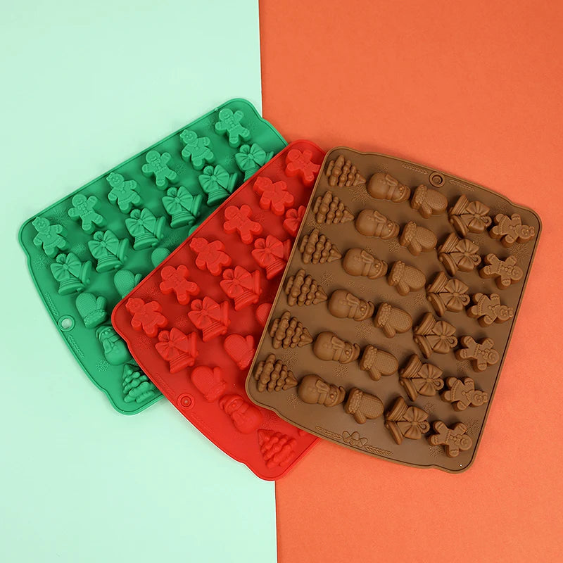 Christmas Chocolate Molds Silicone Red Green Brown Christmas Mold Gingerbread Man Xmas Tree Bell Snowman Gloves Kitchen Supplies