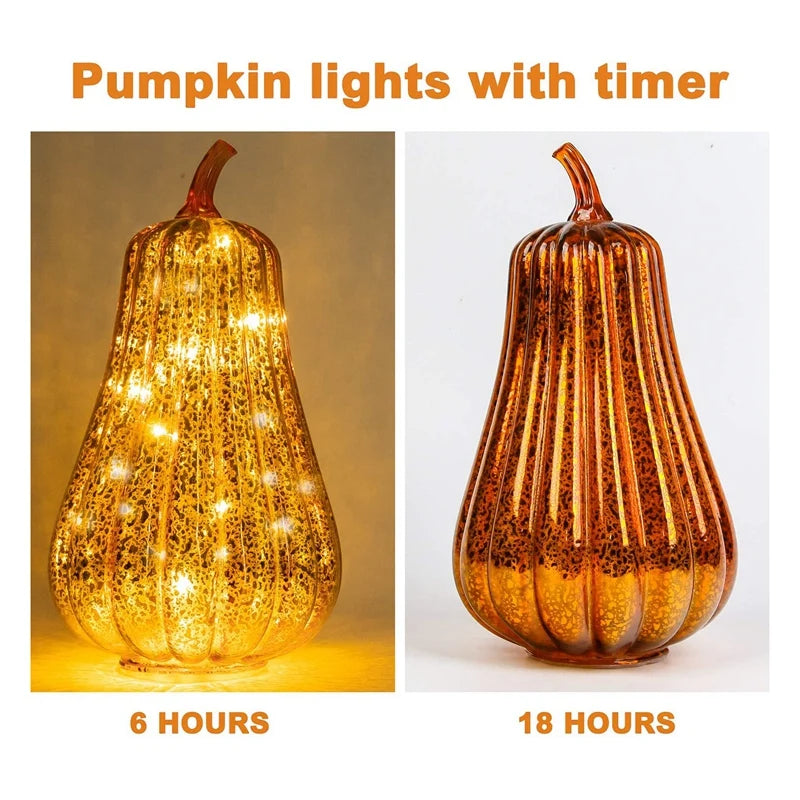 Glass Pumpkin Illuminated With Timer Ornaments Led Light For Centerpiece Thanksgiving Halloween Autumn Decoration