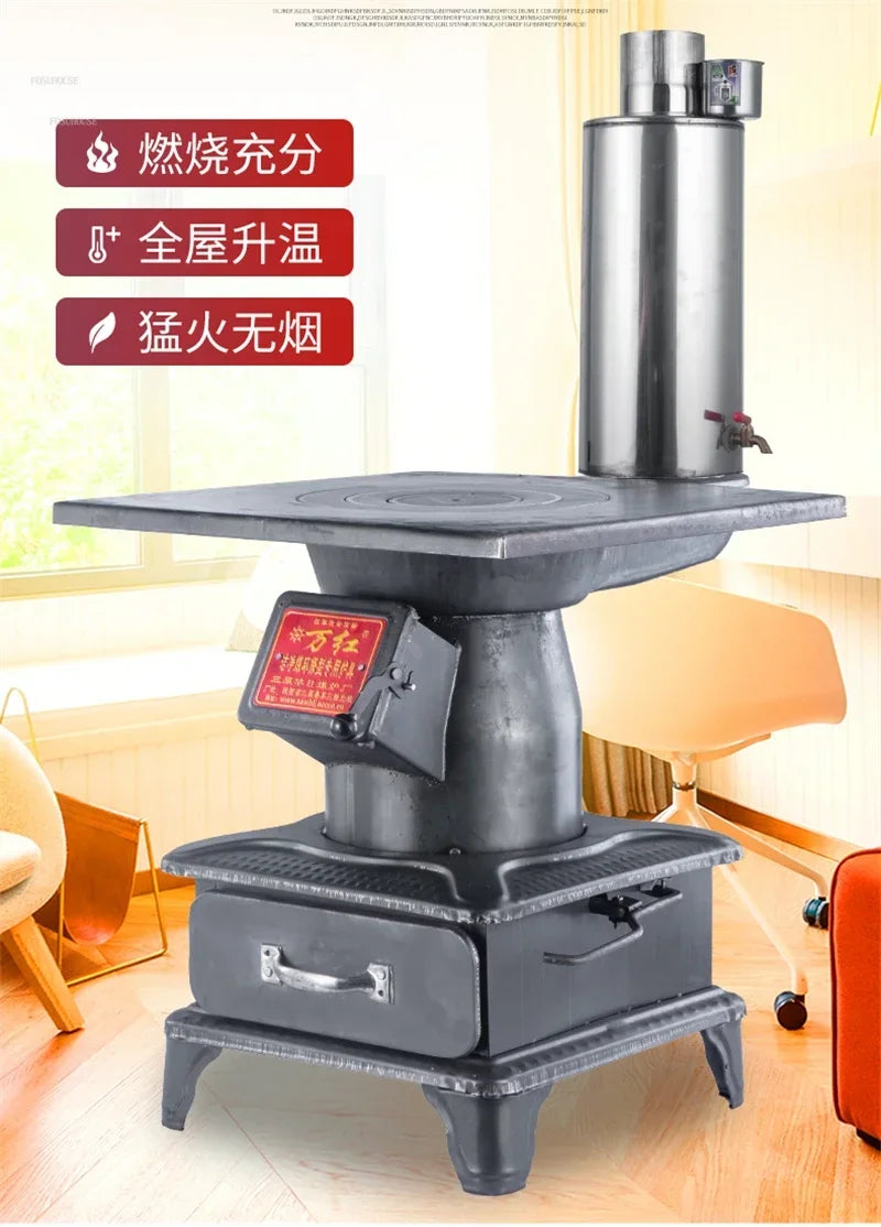 Home Indoor Chimeneas Fire Wood Heater Stove Cast Iron Coal Stove Firewood and Coal Dual-purpose Heating Smokeless Rural Oven