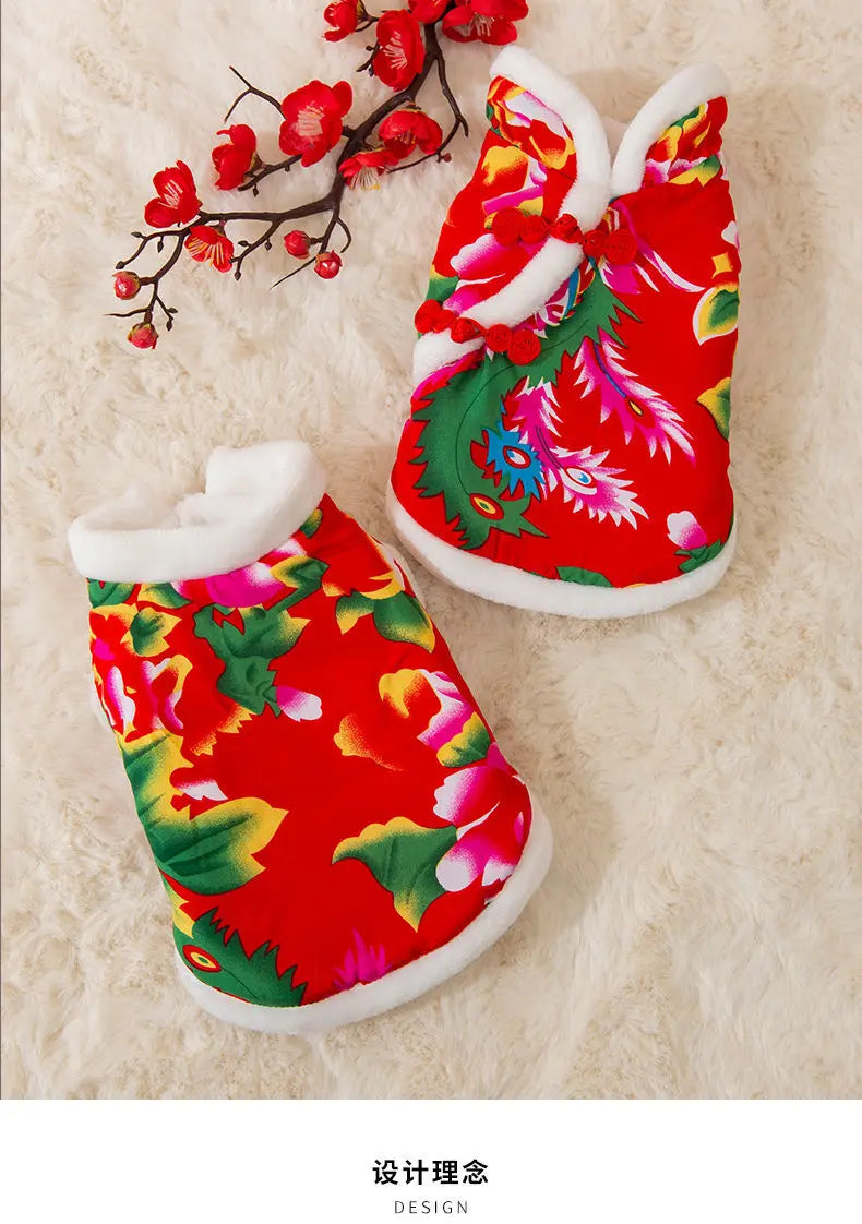 National Style Big Flower Padded Jacket Puppy Dog Clothes Autumn and Winter Velvet Warm Two Feet Teddy Pet Clothing