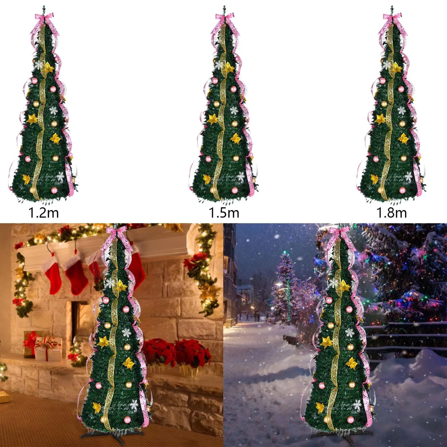 Christmas Pull up Trees Collapsible Xmas Tree Artificial Pop Pencil Ornament Glitter Ribbon for Decorating Winter Apartment