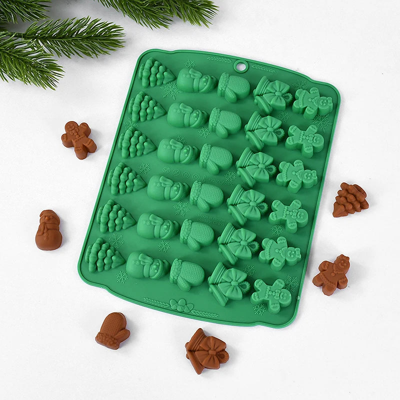 Christmas Chocolate Molds Silicone Red Green Brown Christmas Mold Gingerbread Man Xmas Tree Bell Snowman Gloves Kitchen Supplies