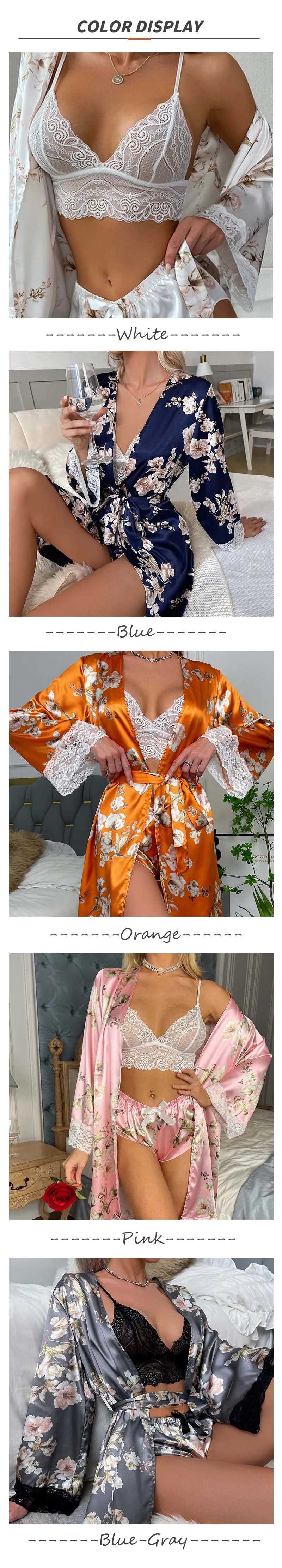 Women'S Sexy Night Gown Lace Spaghetti Strap Lingerie Sleepwear Woman Floral Print Bowknot Decor Lace Cami Set Summer Silk No Ch