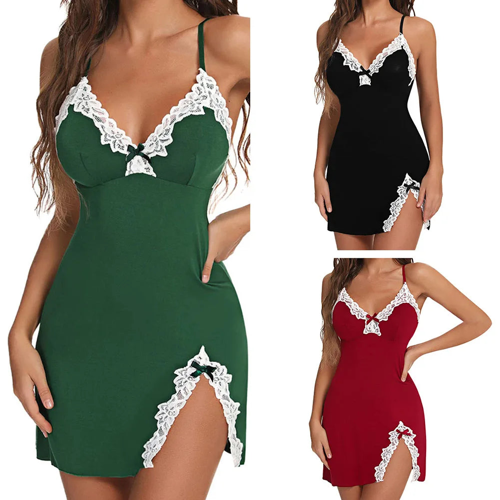 Fashion Sexy Sleepwear Night Lingerie Women Sleeveless Nightwear Sexy V-neck Lace Silk Satin Pajamas Suspender Nightdress