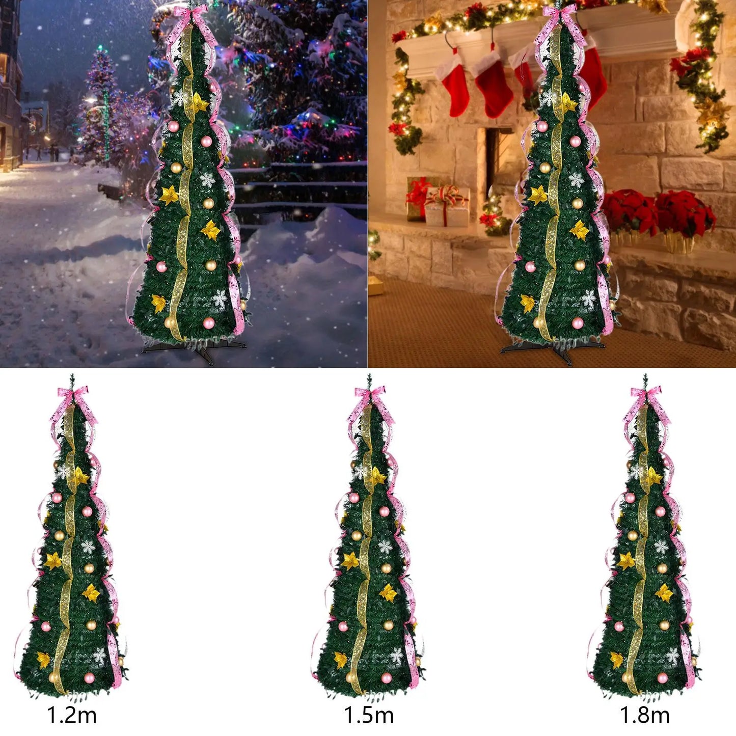 Christmas Pull up Trees Collapsible Xmas Tree Artificial Pop Pencil Ornament Glitter Ribbon for Decorating Winter Apartment