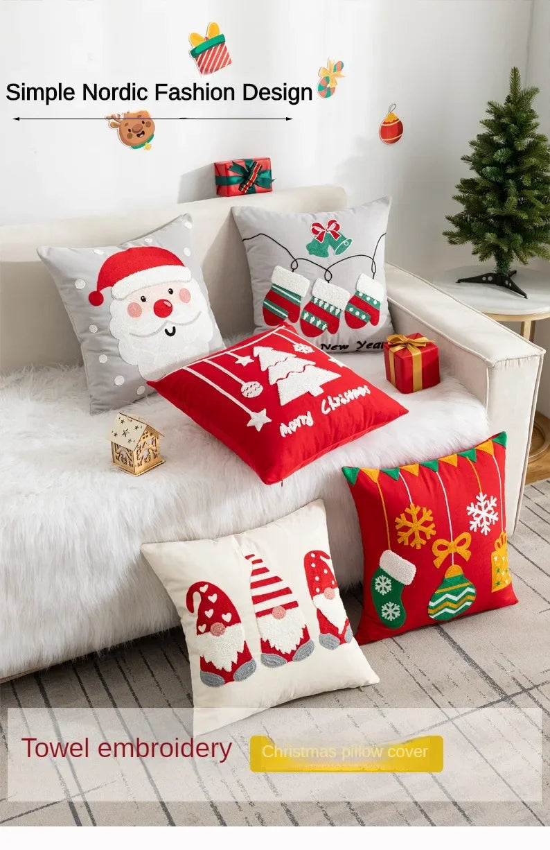 Christmas Pillow Cover Decorative Santa Claus Cartoon Printed Embroidered Pillow Cushion Cover Home Sofa Xmas Cushion Cover