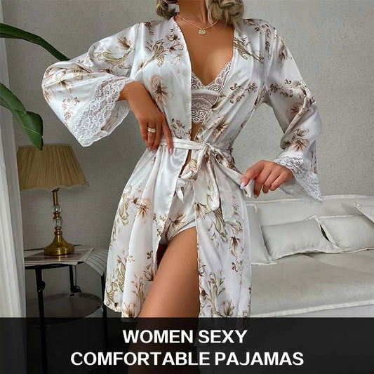 Women'S Sexy Night Gown Lace Spaghetti Strap Lingerie Sleepwear Woman Floral Print Bowknot Decor Lace Cami Set Summer Silk No Ch