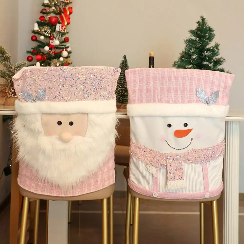 Christmas Chair Cover Santa Snowman Reindeer Chair Back Cover Pink Sequined Chair Slipcover Kitchen Hotel Party Home Decor