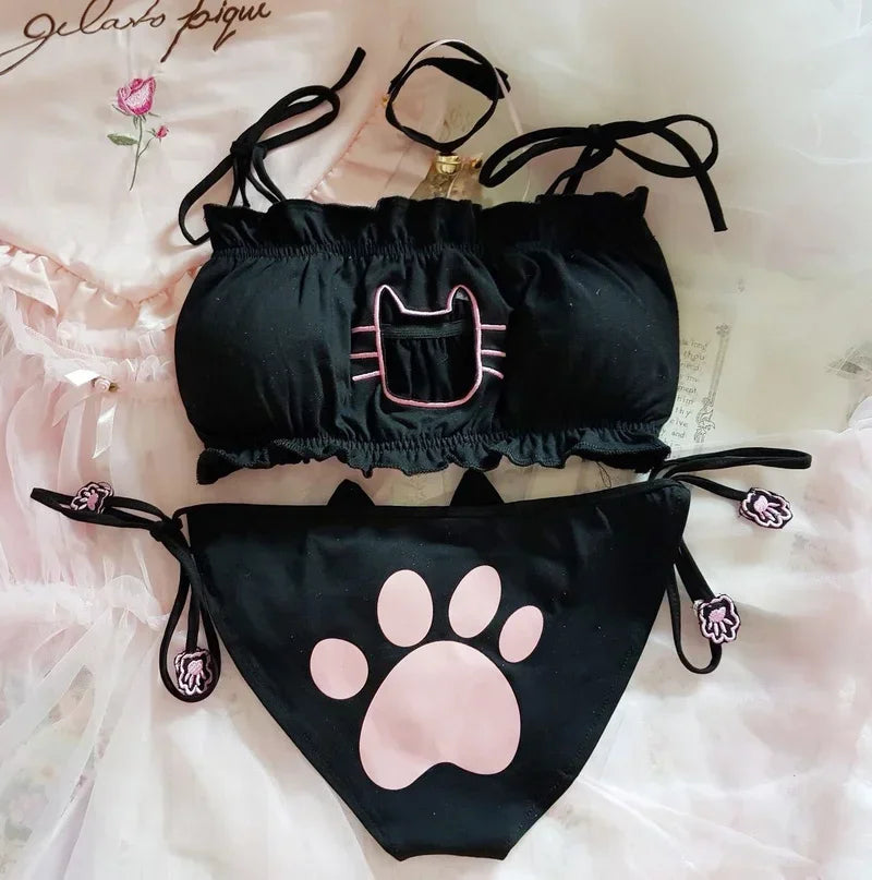 Japanese Anime Cat Girl Cosplay Bra Panties Set Women Sexy Lingerie Underwear Intimates Kawaii Lolita Hollow Out cat Nightwear