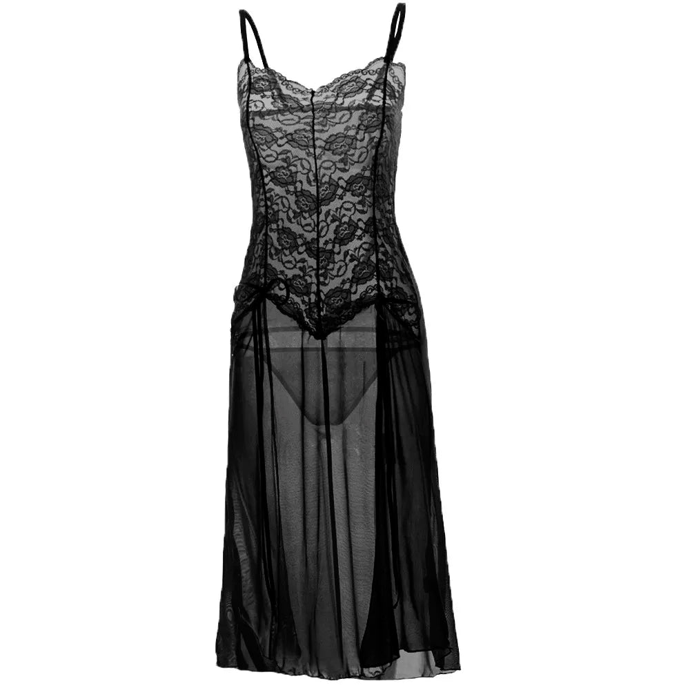 Women Nightrobe Sexy Transparent Lingerie Long Lace Dress Sheer See Through Kimono Robe Dress Nightgown Exotic Costumes ﻿ New