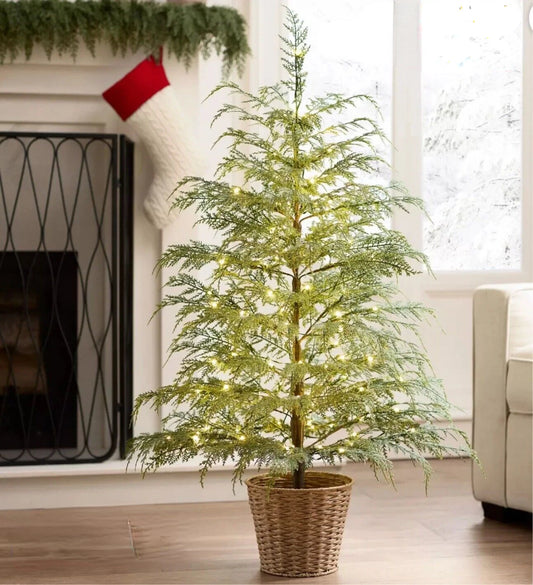 Potted 4FT Pre-Lit Cypress Artificial Christmas Tree 100 Lights