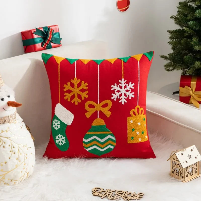 Christmas Pillow Cover Decorative Santa Claus Cartoon Printed Embroidered Pillow Cushion Cover Home Sofa Xmas Cushion Cover