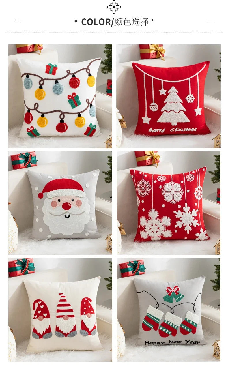 Christmas Pillow Cover Decorative Santa Claus Cartoon Printed Embroidered Pillow Cushion Cover Home Sofa Xmas Cushion Cover