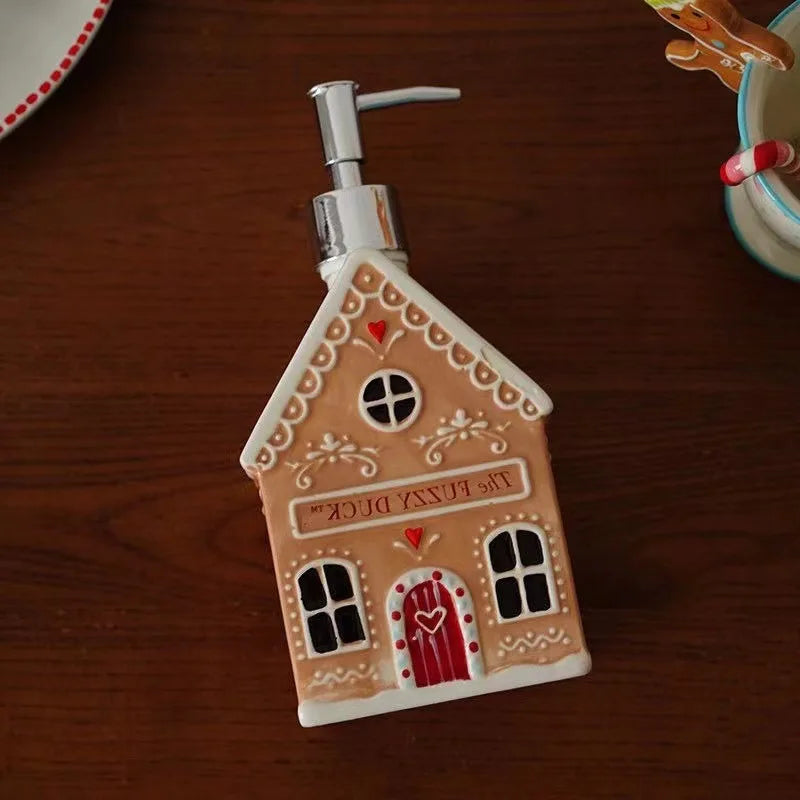 Christmas European Hand-painted Relief Gingerbread House Ceramic Bathroom Bath Bottle Hand Soap Storage Bottle Home Decor