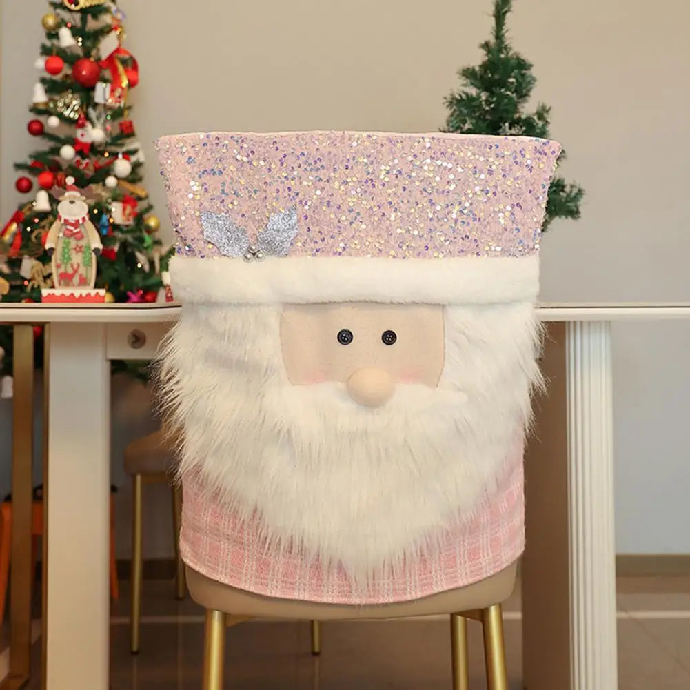 Christmas Chair Cover Santa Snowman Reindeer Chair Back Cover Pink Sequined Chair Slipcover Kitchen Hotel Party Home Decor