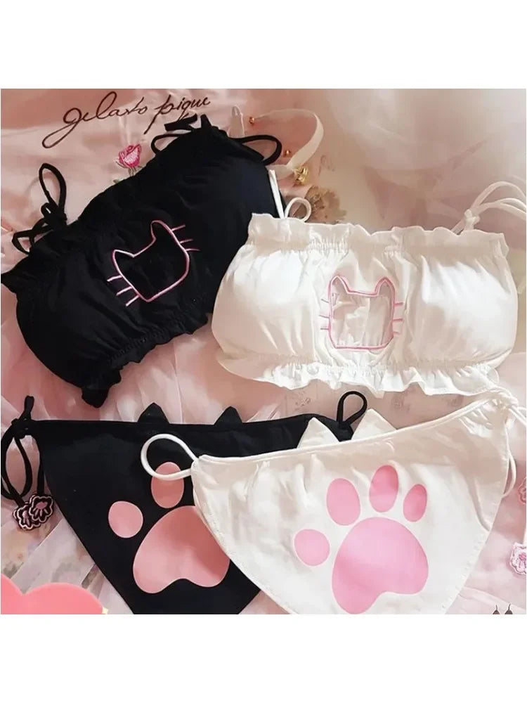 Japanese Anime Cat Girl Cosplay Bra Panties Set Women Sexy Lingerie Underwear Intimates Kawaii Lolita Hollow Out cat Nightwear