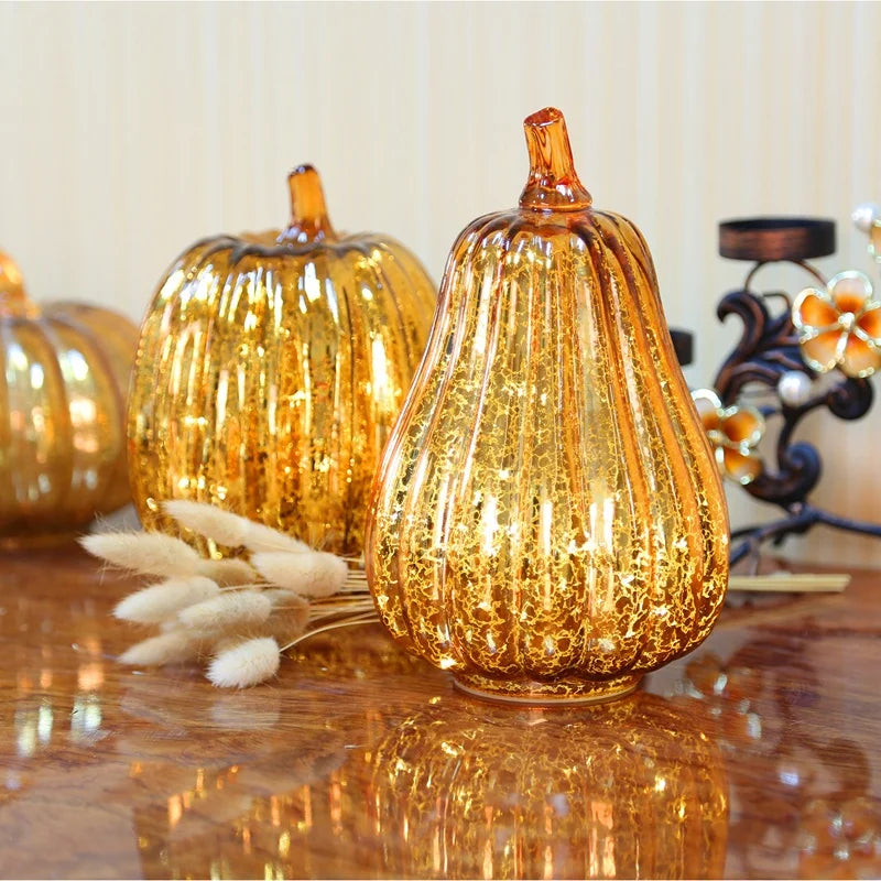 Glass Pumpkin Illuminated With Timer Ornaments Led Light For Centerpiece Thanksgiving Halloween Autumn Decoration