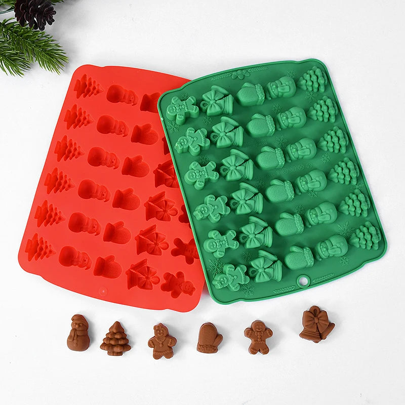 Christmas Chocolate Molds Silicone Red Green Brown Christmas Mold Gingerbread Man Xmas Tree Bell Snowman Gloves Kitchen Supplies